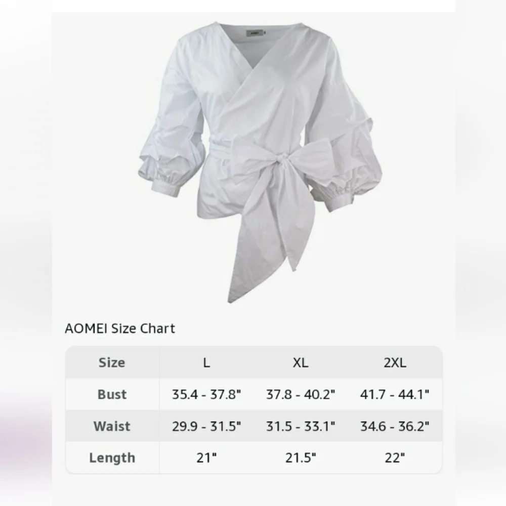 Women's Casual Puff sleeve/sash top, white, size Large - Picture 4 of 6